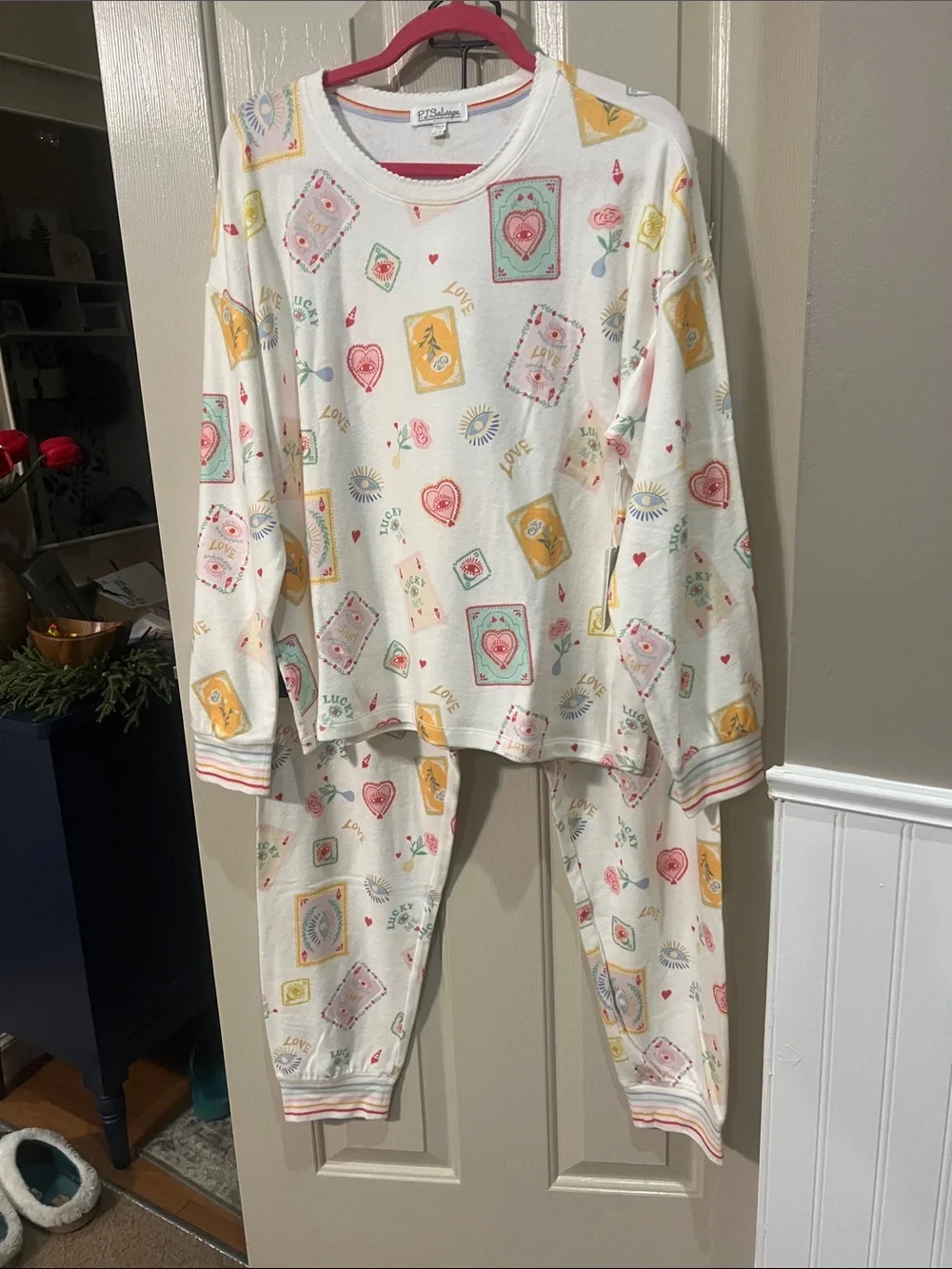 PJ Salvage White Pajama Set with Pink, Yellow & Mint Tarot Prints - Picture 1 of 10